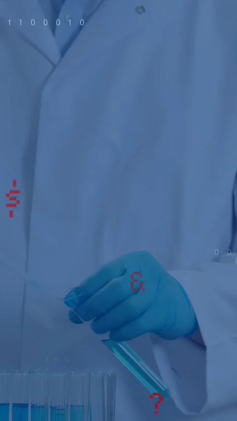 Vertical video: Lab tech using pipette, filling blue vial, motion activating Stock Footage 330359092