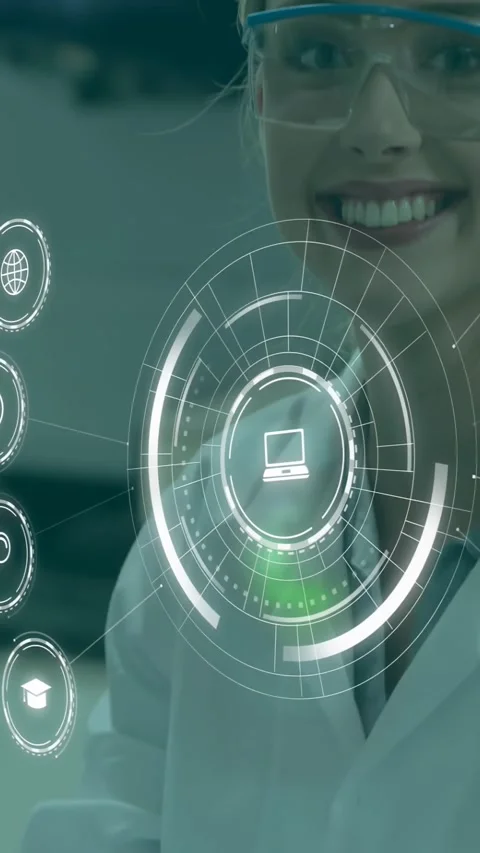 Vertical video: Lab tech using test tubes, starting HUD with laptop icon, green Stock Footage 332381751