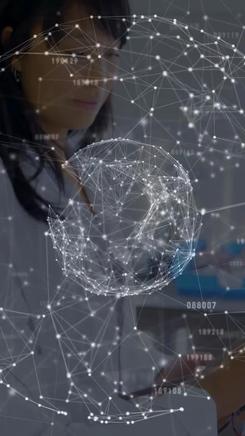 Vertical video: Lab tech using blue pipette for lab testing, animated sphere Stock Footage 334544166