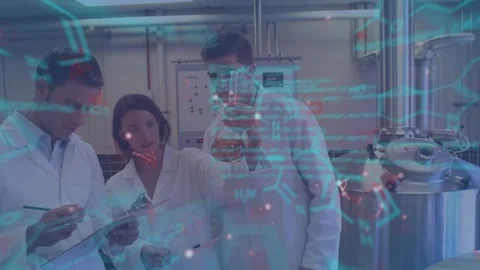 Vertical video: Lab trio in coats checking flask, noting on pad with overlay Stock Footage 330444404