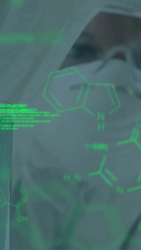 Vertical video: Lab worker checking beaker green code appearing and moving eyes Stock Footage 330720335
