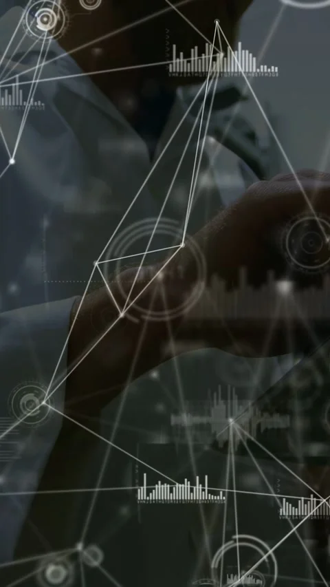 Vertical video: Labcoat man hovering then tapping touchscreen, activating node Video stock 332984832