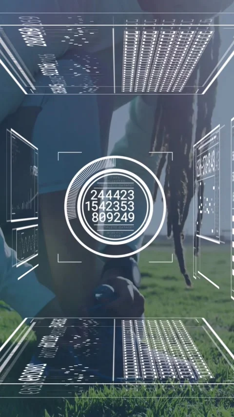 Vertical video: Lady kneeling in grass plugging blue cable to box, HUD rising, Stock Footage 330580993