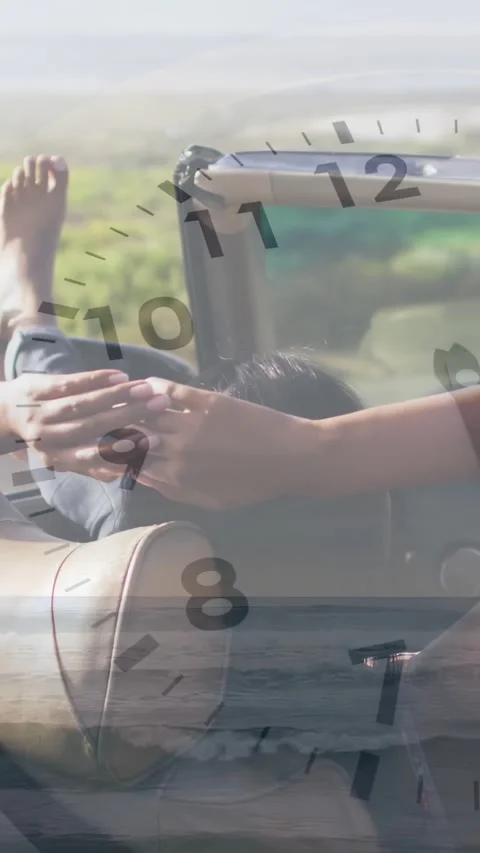 Vertical video: Lady lying in car travel relaxing foot moving hair running clock Stock Footage 330359413