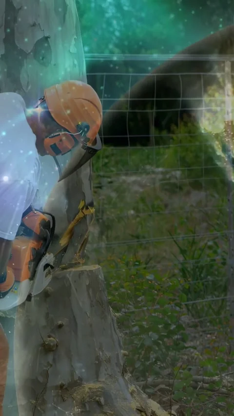 Vertical video: Landscaper positioning chainsaw and cutting stump for removal Stock Footage 332546823