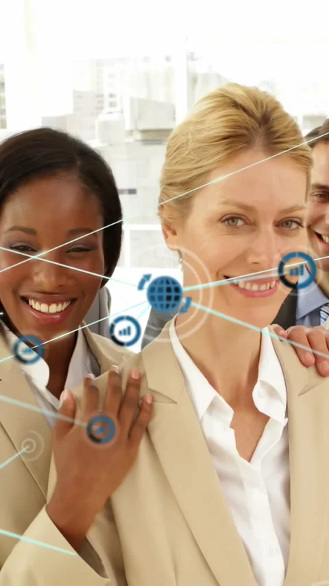 Vertical video: Lapel node pulsing, forming globe linking nodes across business Video stock 334600626
