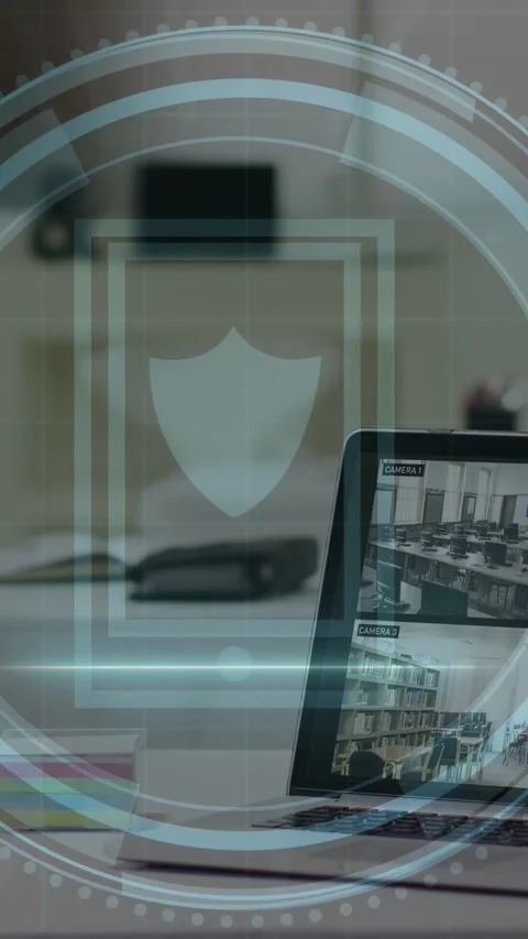 Vertical video: Laptop cam starting rings, mobile shield showing, pulsing and Stock Footage 334694906