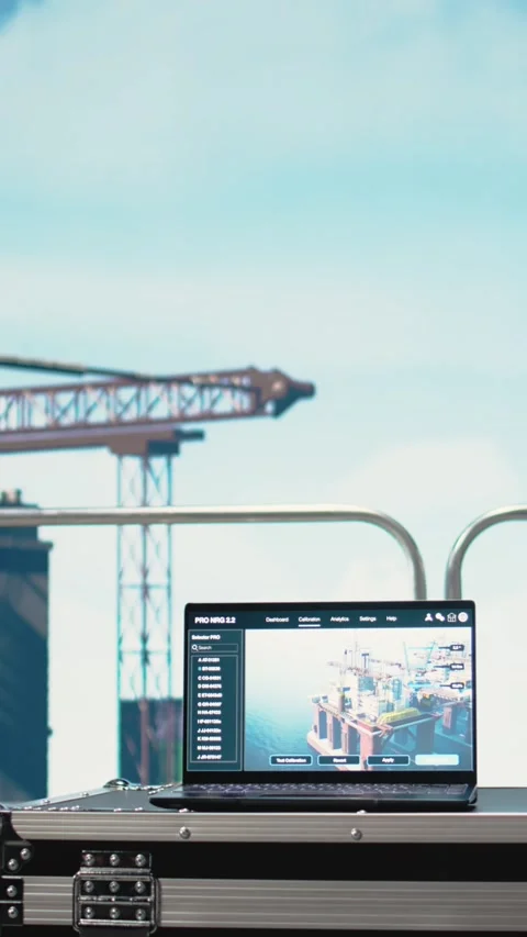 Vertical video Laptop on drilling barge displaying predictive maintenance Stock Footage 319711454