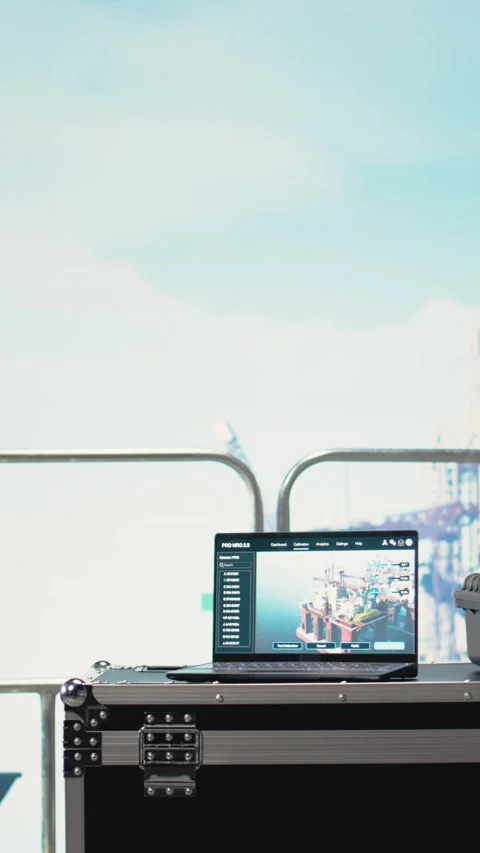 Vertical video Laptop on drilling rig ship with dashboard monitoring operation Stock Footage 319711727