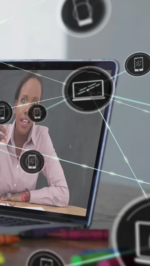 Vertical video: Laptop host pausing then starting device icons growing over Stock Footage 330305930