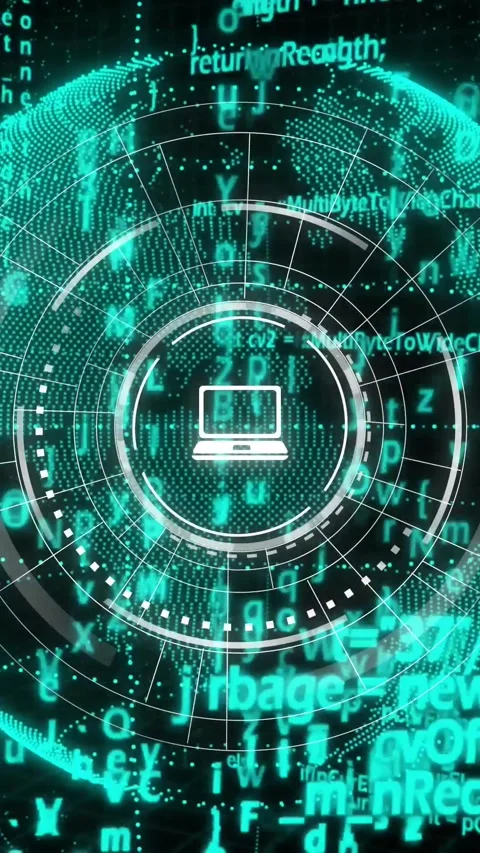 Vertical video: Laptop icon staying central in security HUD, globe forming and Stock Footage 332278177