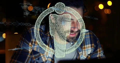 Vertical video: Laptop lighting man in plaid leaning smiling in dark room, Stock Footage 331757181