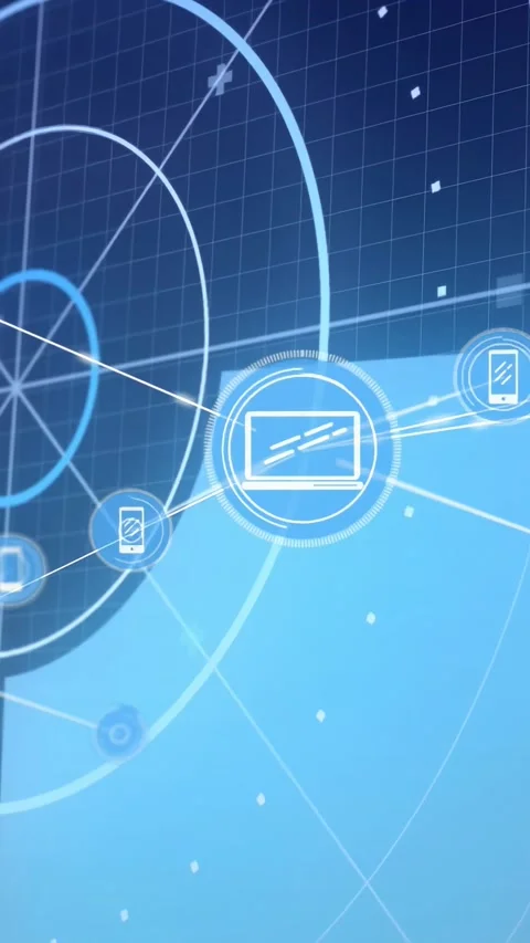 Vertical video: Laptop node appearing, pulsing, sending spokes, linking phones, 動画素材 331168741