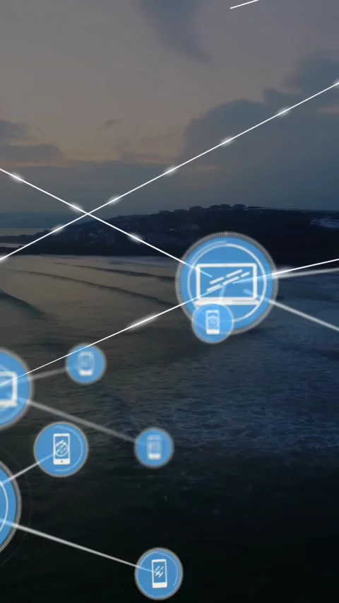 Vertical video: Laptop node rising over sea sending nodes linking white lines Stock Footage 330306059