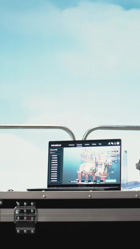 Vertical video Laptop on offshore platform with predictive software analyzing Stock Footage 319711891