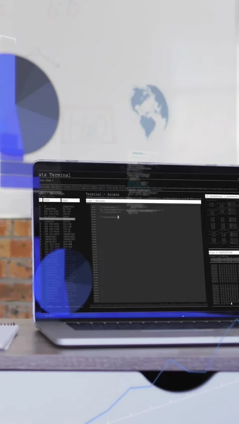 Vertical video: Laptop opening, HUD charts sliding across desk and board Stock Footage 334540697