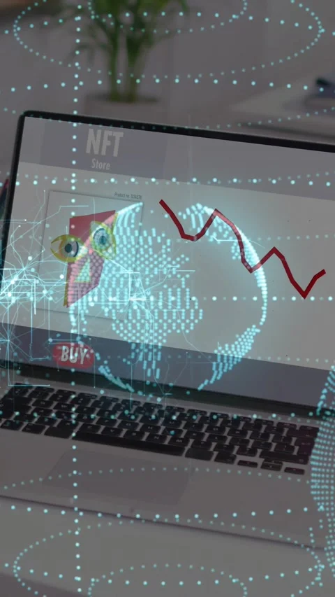 Vertical video: Laptop screen loading NFT market, globe forming and red line Stock Footage 331790223
