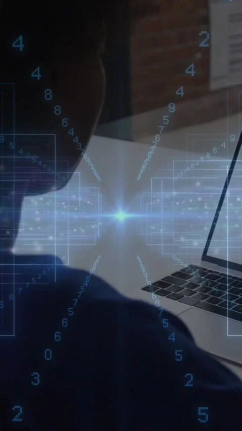 Vertical video: Laptop sending data, rear user watching, overlay streaming Stock Footage 332335058