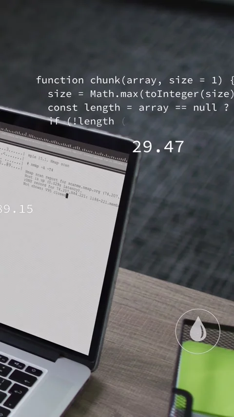 Vertical video: Laptop showing code, data causing UI icons and metrics updating Stock Footage 332747877