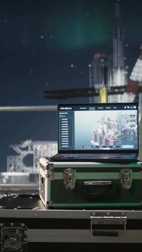 Vertical video Laptop software evaluates energy security risks on petroleum rig Stock Footage 339890904