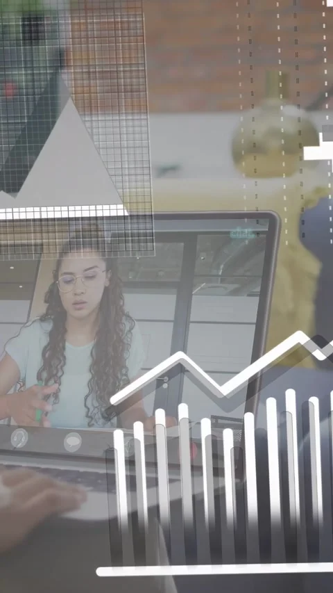 Vertical video: Laptop speaker gesturing, initiating tech charts rising while Stock Footage 334792940