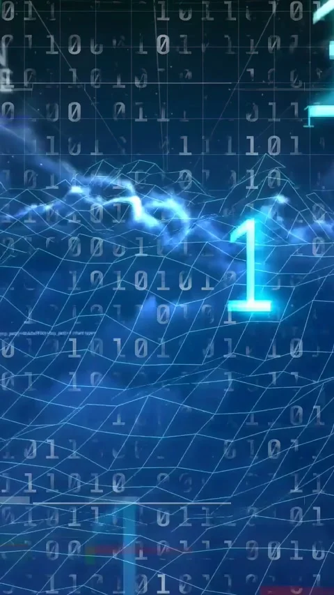 Vertical video: Large 1 fading starting binary digits growing, lighting 3D mesh, Stock Footage 334770985