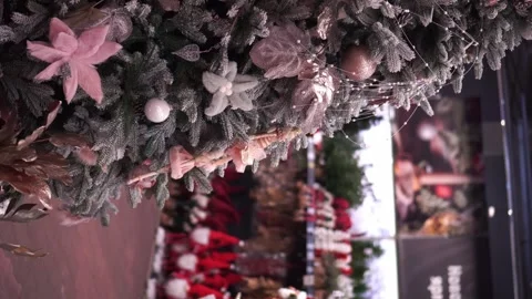 Vertical Video Of Large Artificial Christmas Tree Decorated With Colorful Toys O Stock Footage 291536900
