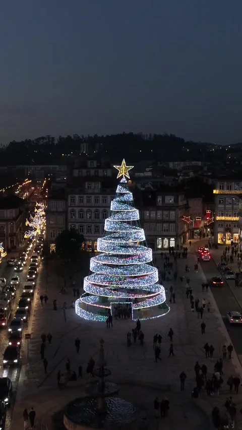 Vertical Video of Large Christmas Tree Full of Decorations and Lights in a City  Stock Footage 251435565