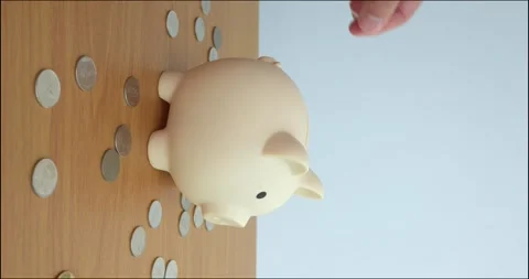 Vertical video large pink ceramic pig piggy bank into which coin is dropped Stock Footage 273681762