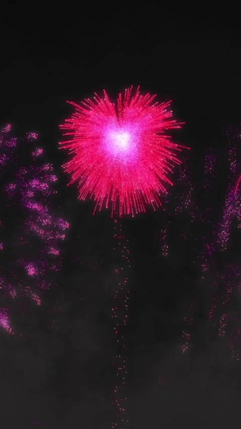 Vertical video: Launch flare rising bottom center, shells bursting, expanding Stock Footage 348384168