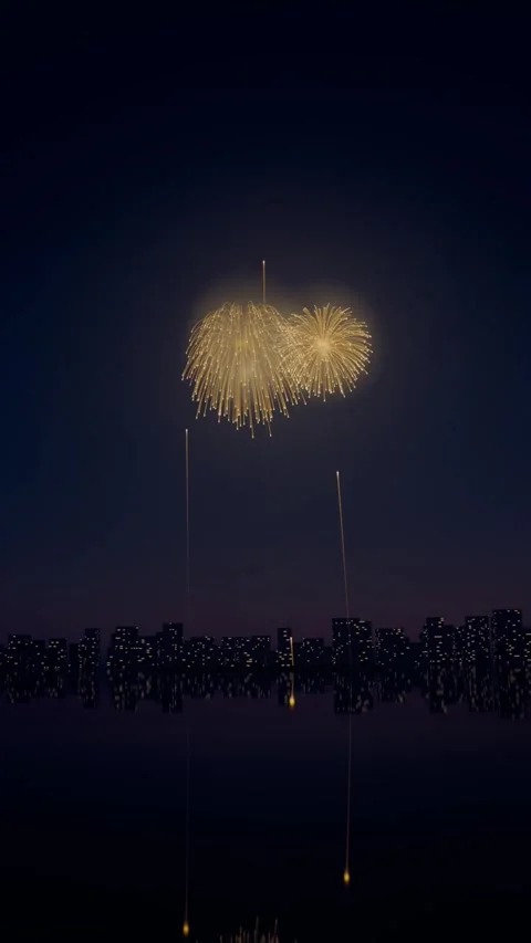 Vertical video: Launching firework shells rising from skyline, forming golden Stock Footage 348368760