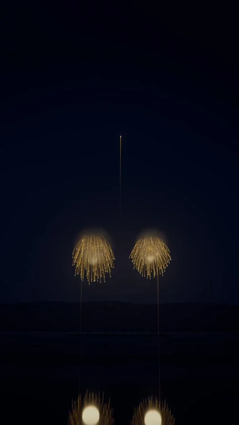 Vertical video: Launching shells rising from horizon over lake, creating golden Stock Footage 348368783