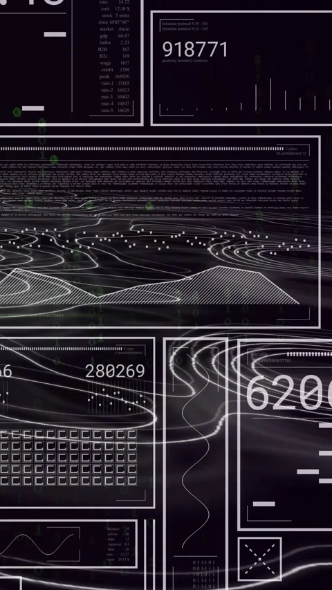 Vertical video: Layered HUD receiving pulse, updating contours, readouts, charts Stock Footage 329552658