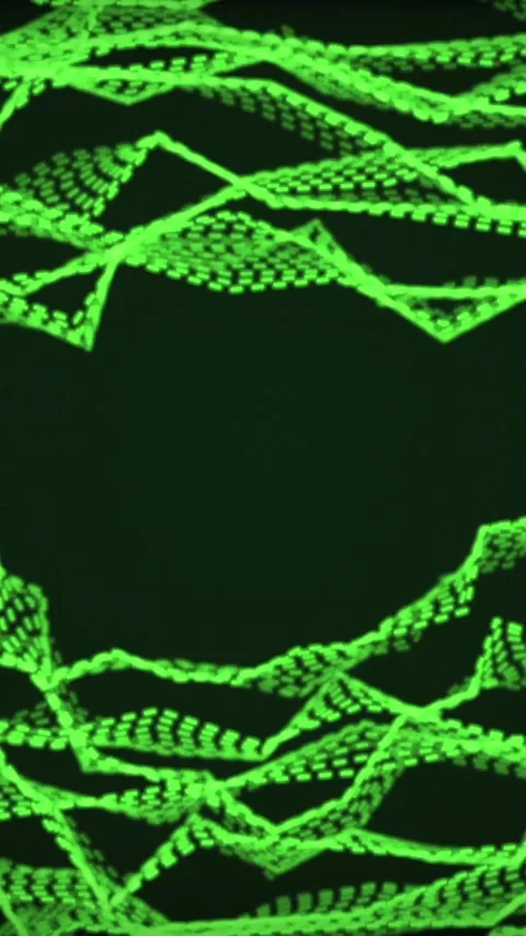 Vertical video: Layers starting, neon dotted mesh waving, folding around central Stock Footage 348384277