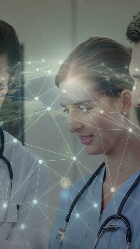 Vertical video: Lead doc guiding team reading shown chart medical overlay moving Stock Footage 333194946