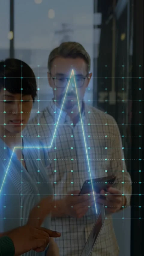 Vertical video: Lead gesturing, causing neon data wave sweeping past, tablet Stock Footage 334601077