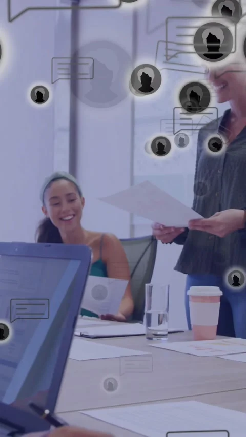 Vertical video: Lead giving docs urging woman checking business data, chat icons Stock Footage 331128636