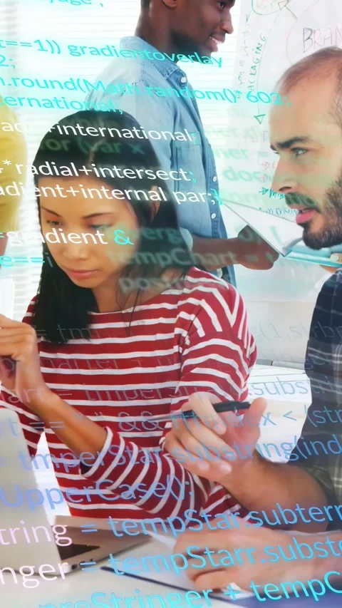 Vertical video: Lead guiding dev typing laptop after peer showing phone, testing Stock Footage 333135747