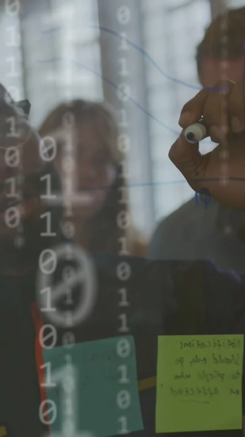 Vertical video: Lead lifting marker drawing network in IT planning, icons and Stock Footage 335355608