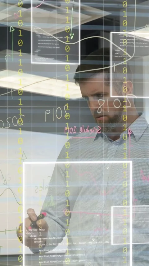 Vertical video: Lead lifting pink marker to glass, marking timeline and circling Stock Footage 334378390