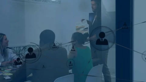 Vertical video: Lead pointing mockup, icons filling glass in business meeting, Stock Footage 332296669