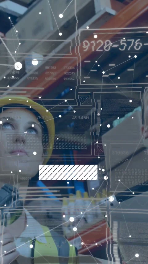 Vertical video: Lead pointing at warehouse, checking tablet, starting AR data Stock Footage 334397869