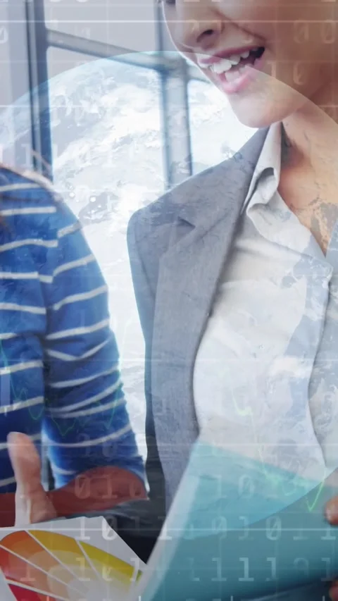 Vertical video: Lead reading blue folder after peer handing brochure, globe Stock Footage 330305967
