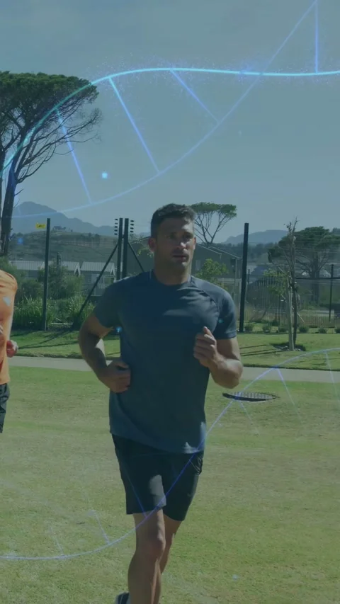 Vertical video: Lead runner starting fitness run in park, DNA helix drifting Stock Footage 340133432
