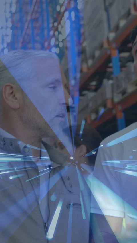 Vertical video: Lead scanning warehouse racks causing blue effect tech raising Stock Footage 333978267