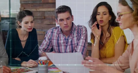 Vertical video: Lead showing sheet urging team to lean and point, grid moving Stock Footage 334182275