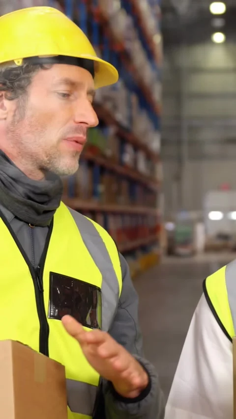 Vertical video: Lead starting briefing, pointing at racks, guiding worker Stock Footage 329876561