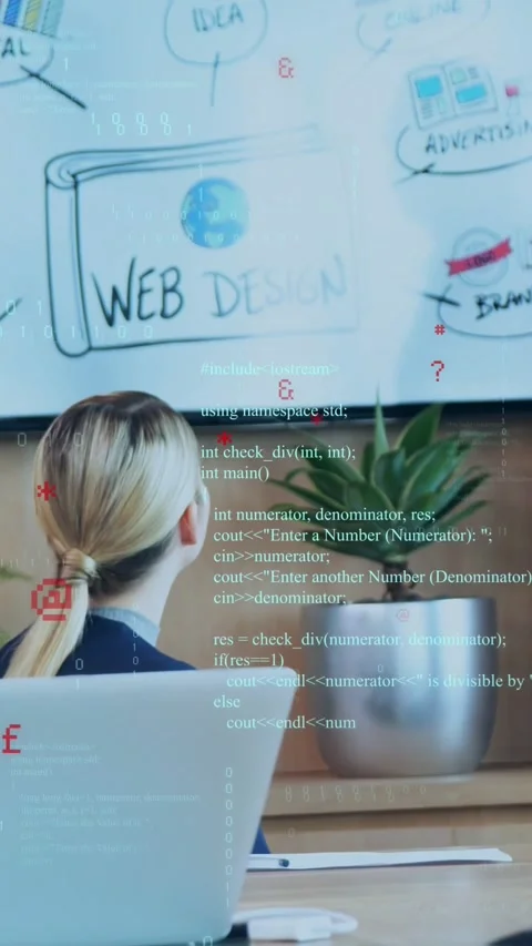 Vertical video: Lead stepping in, pointing at board, explaining web design, code Stock Footage 329962144