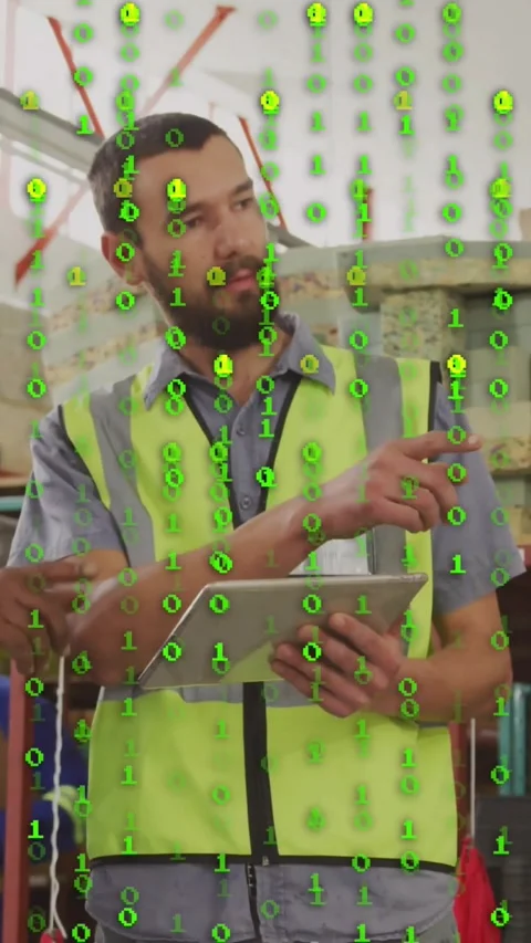 Vertical video: Lead tapping tablet, starting green overlaying racks while tech Stock Footage 330605336