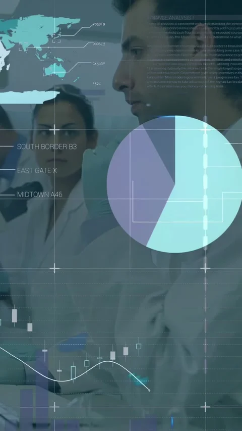 Vertical video: Lead tech peering into microscope and causing pie and % charts Stock Footage 329877154